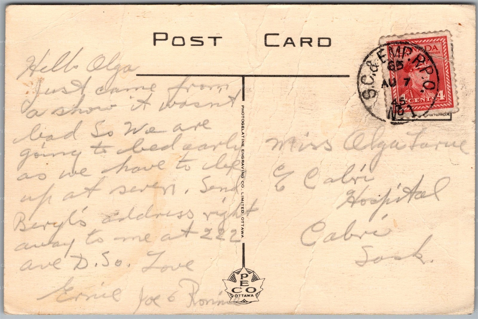 Postcard RPO Cancel 1945 S.C. & EMP Swift Current Saskatchewan & Empress Alberta