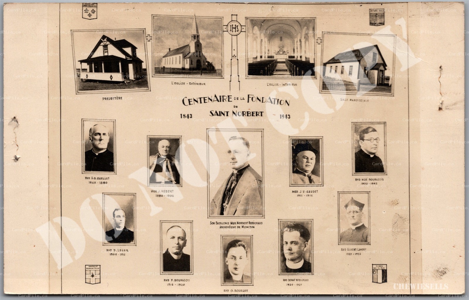 RPPC 1943 Saint Norbert New Brunswick Centenaire de la Fondation Churches