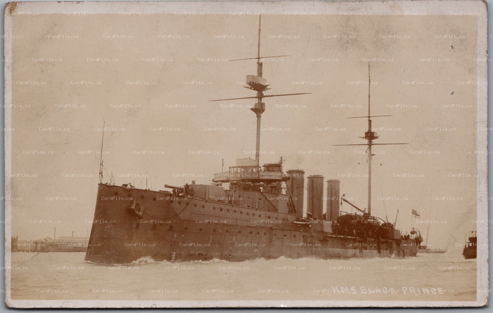 RPPC HMS Black Prince Royal Navy at Gosport Hampshire Camper & Nicholsons Bldg