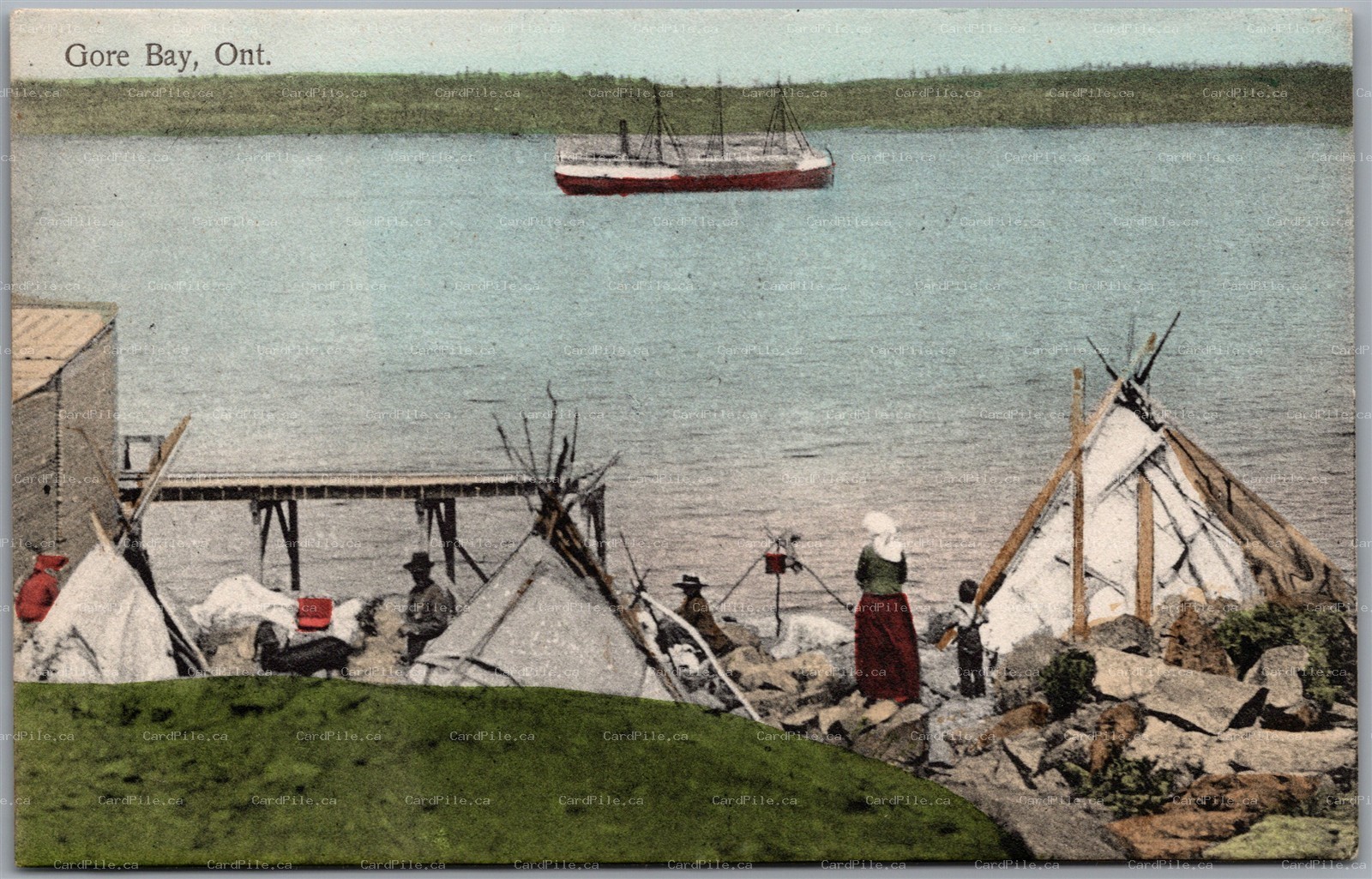 Postcard Gore Bay Ontario c1910s Harbour Camp Ship TeePee Manitoulin Island