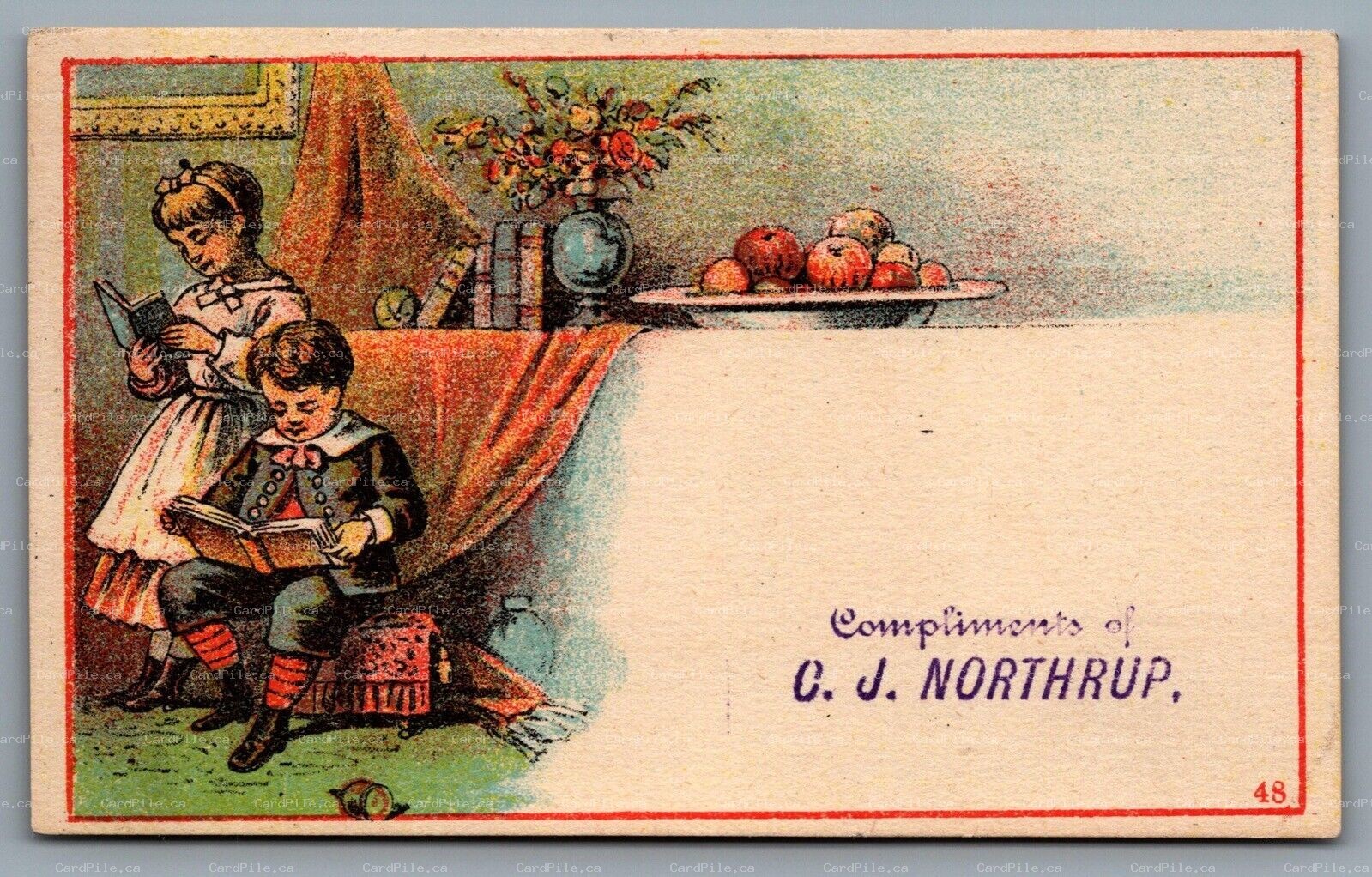 Trade Card c1880s Compliments Card C. J. Northrup Two Children Reading Books