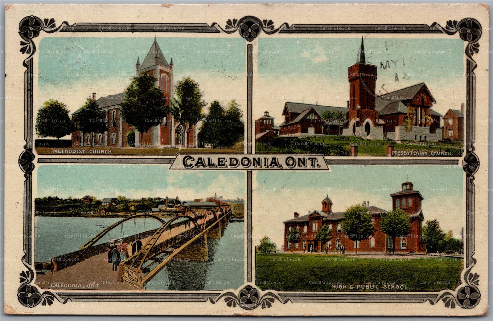 Postcard Caledonia Ontario c1915 Multiview Churches School Bridge McGregor & Co.