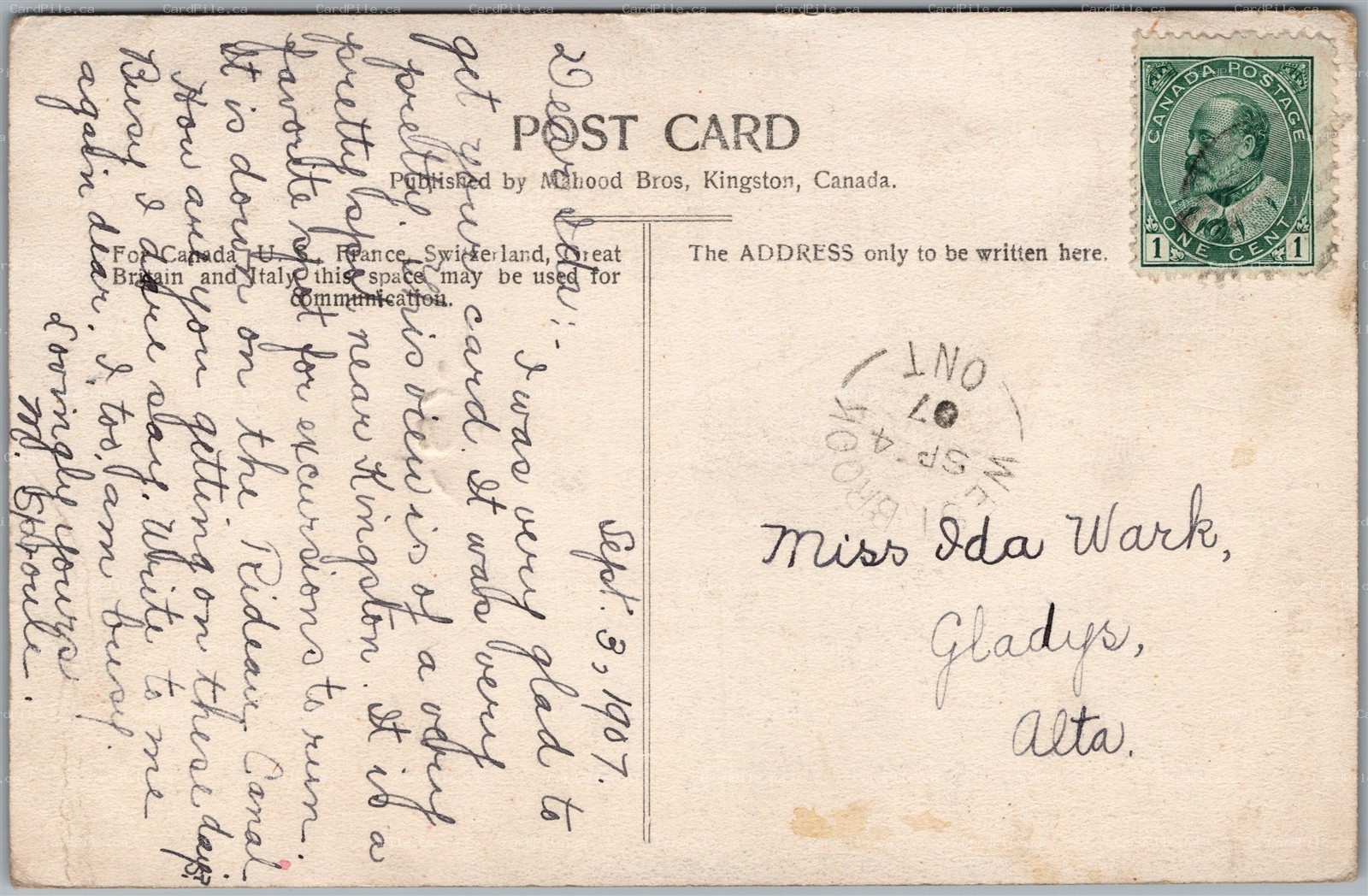 Postcard Split Ring Cancel c1907 West Brook Ontario to Gladys Alberta
