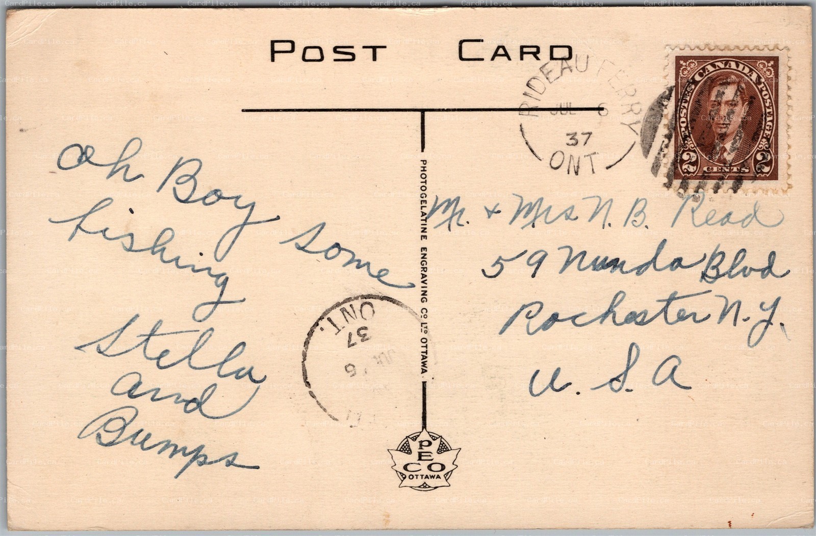 Postcard Perth Ontario c1937 Rideau Ferry from Kings Hill Split Ring Cancel