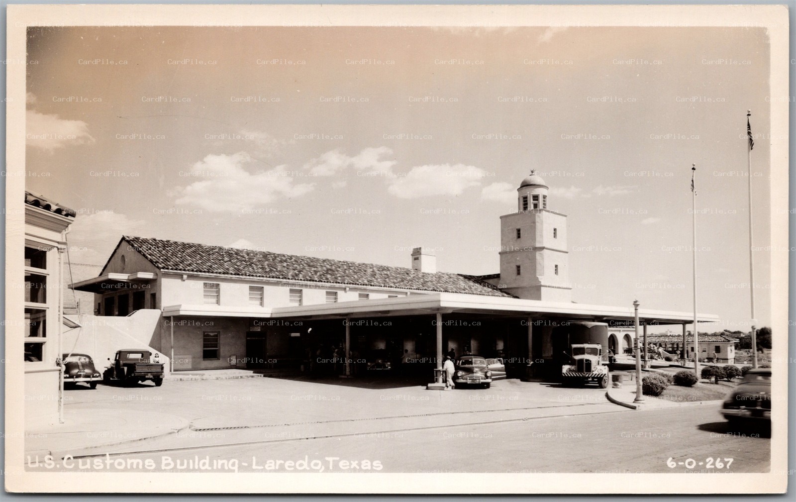 Postcard RPPC Laredo Texas U.S. Customs Building Old Cars Truck Webb County