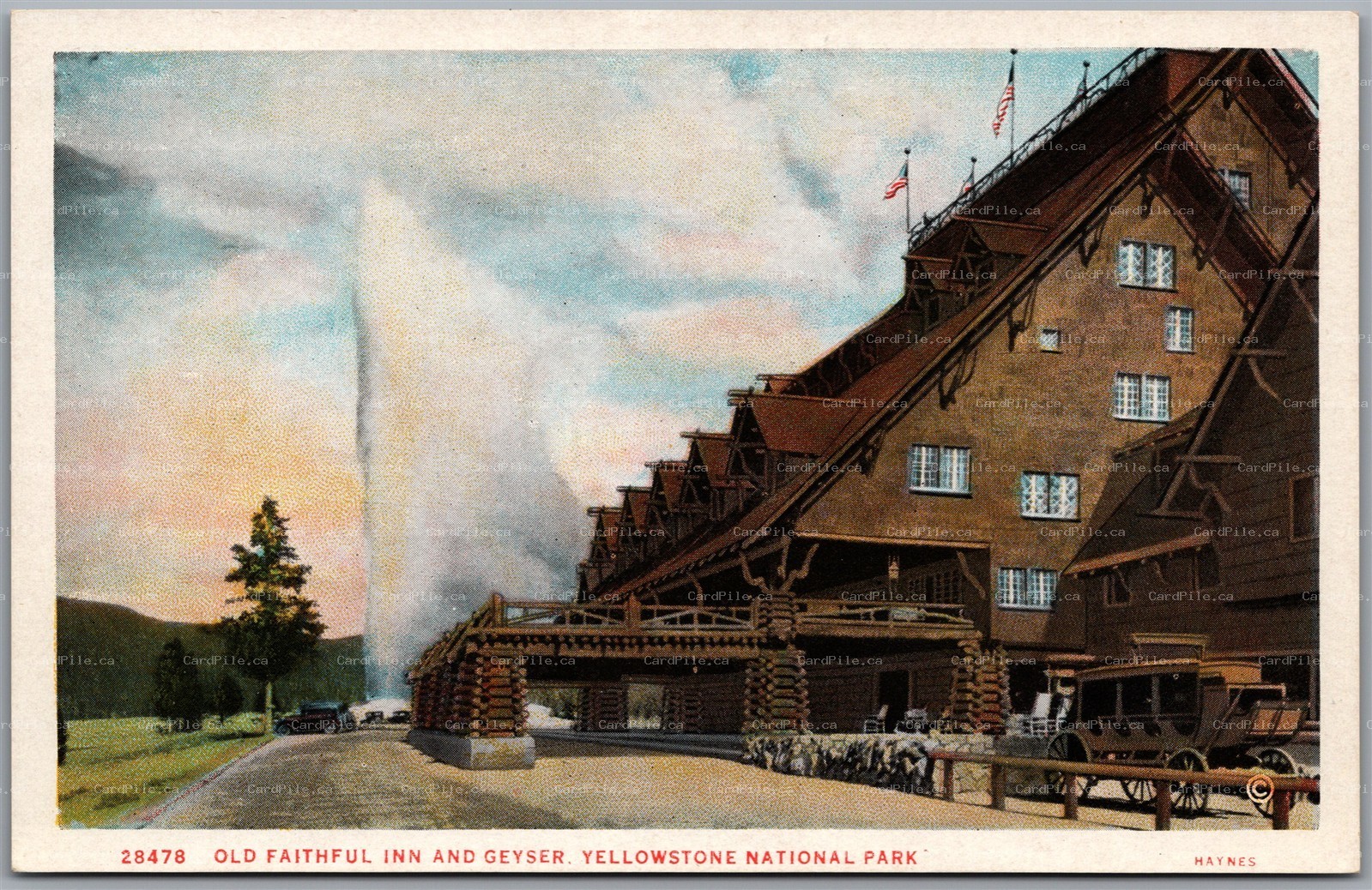 Postcard Yellowstone National Park Wyoming Old Faithful Inn Geyser Haynes 28478