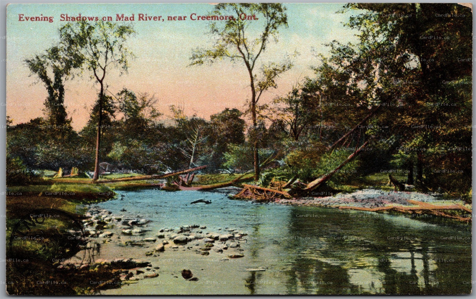 Postcard Creemore Ontario c1910 Evening Shadows Mad River RPO Cancel Beeton