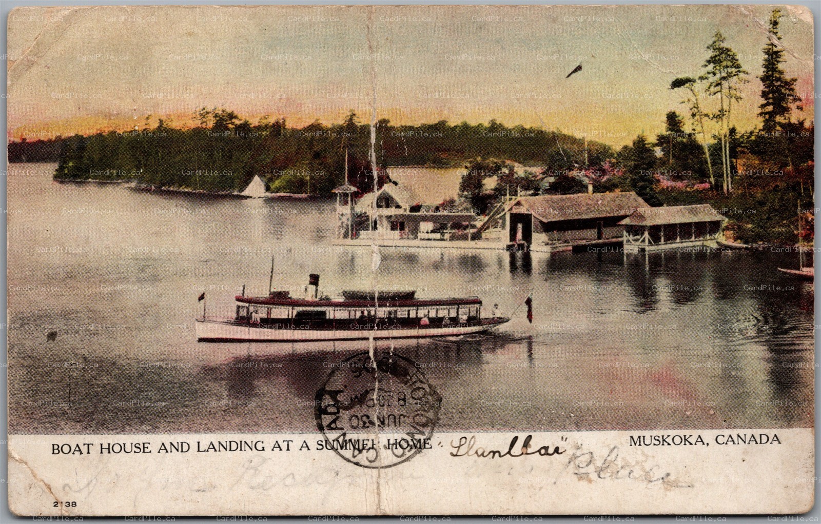 Postcard Muskoka Ontario 1906 Boat House and Landing Llanlar Place Split Ring