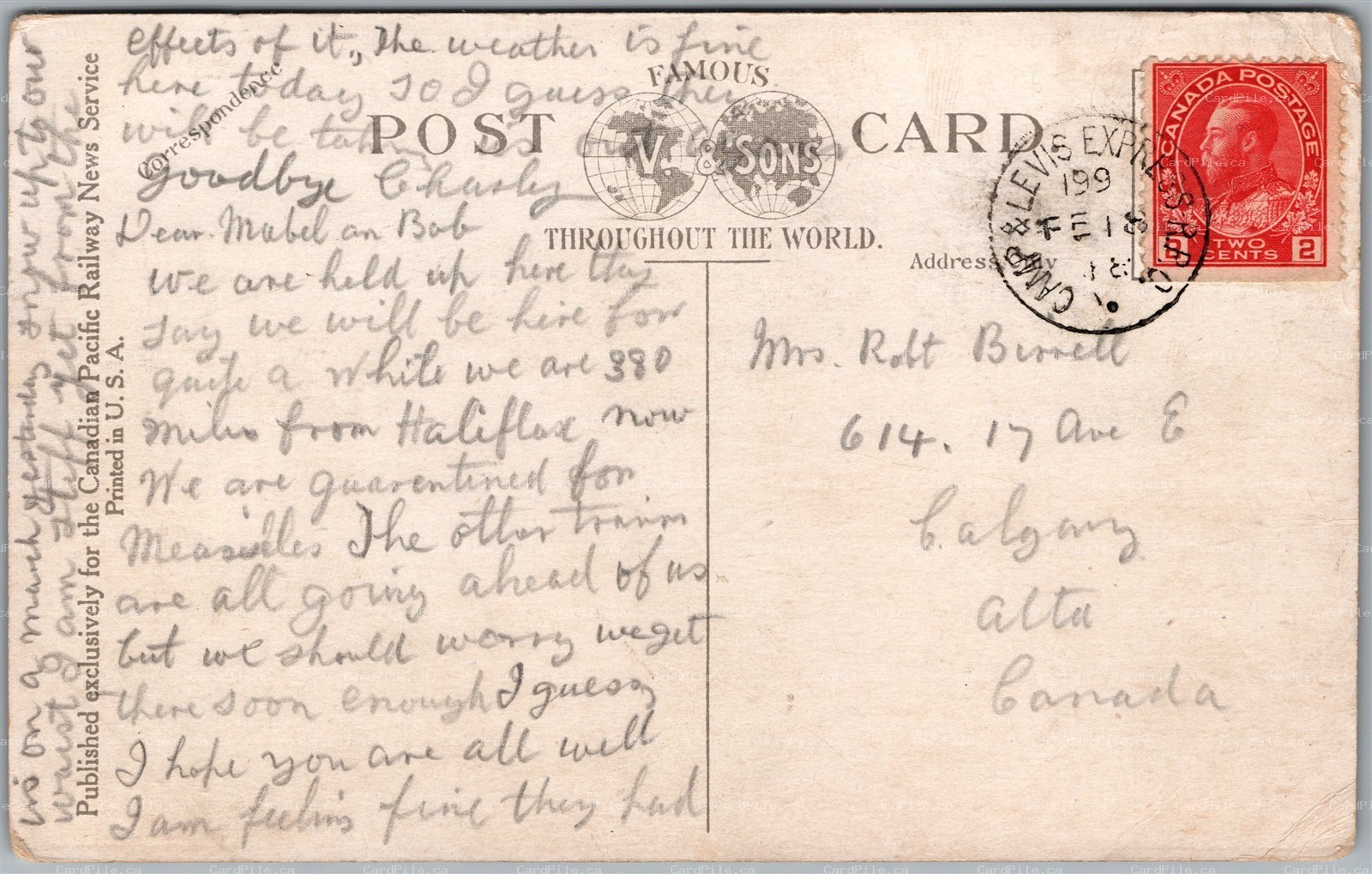 Postcard RPO Cancel c1916 TRAIN 199 Camp. & Levis Express R.P.O. to Calgary Alta