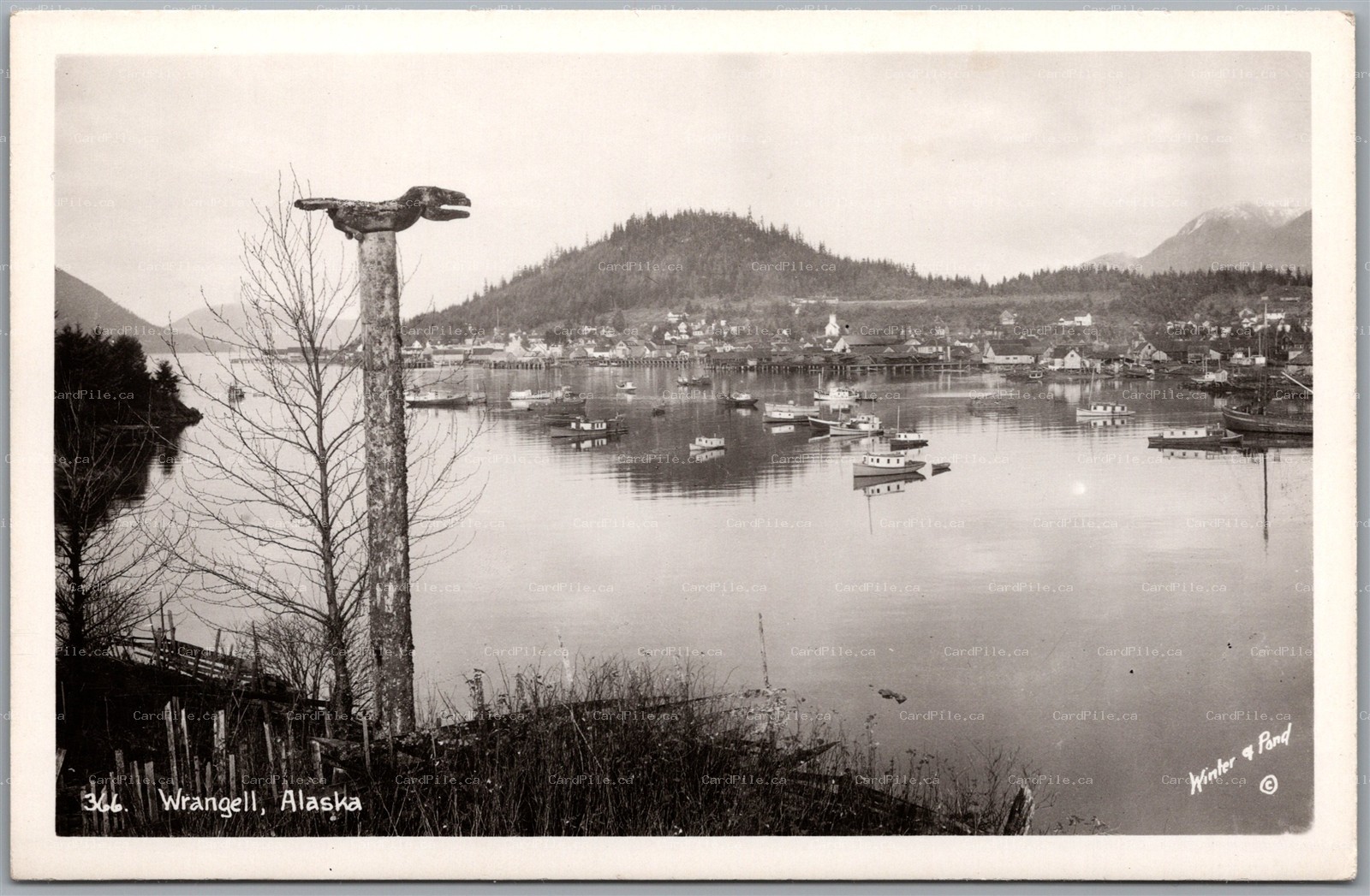 Postcard RPPC Wrangell Alaska Harbor Boats Totem Pole by Winter & Pond