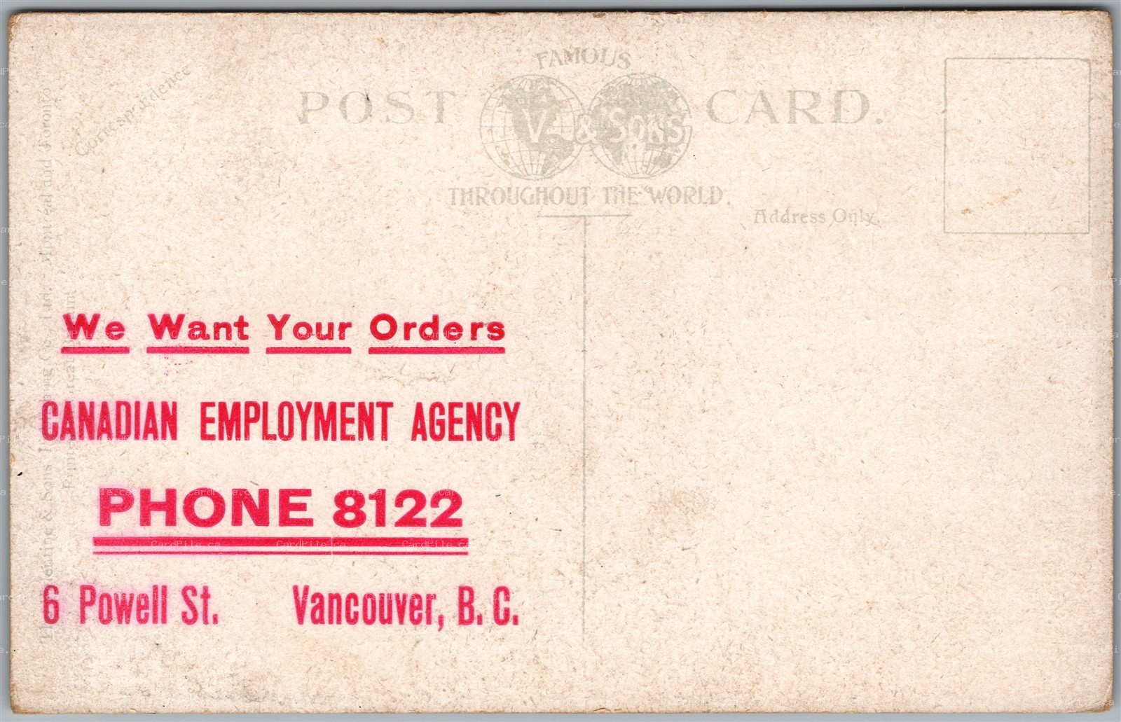 Postcard Vancouver British Columbia Canadian Employment Agency Advertising