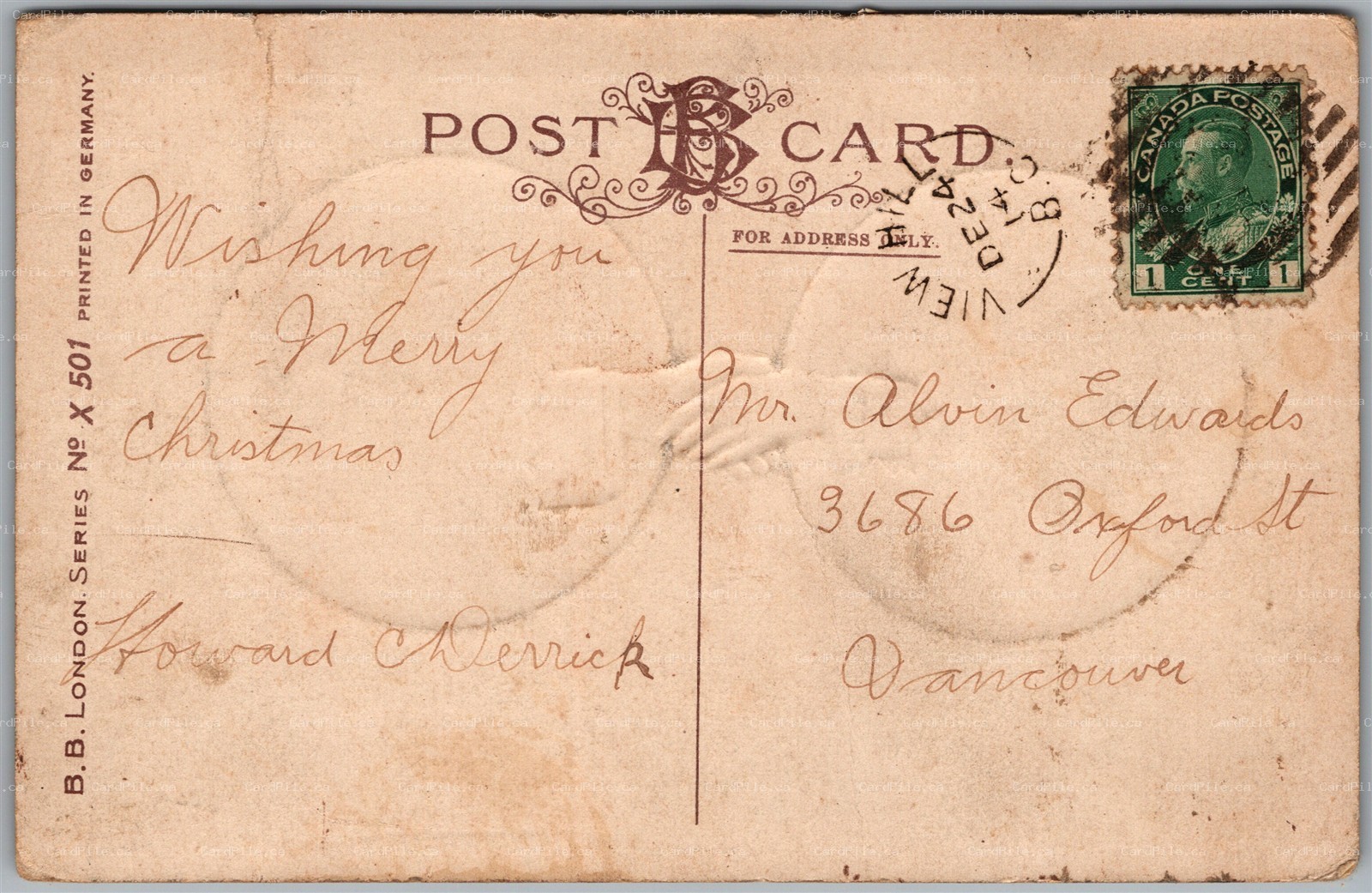 Postcard Split Ring Cancel c1914 View Hill (East Vancouver) British Columbia