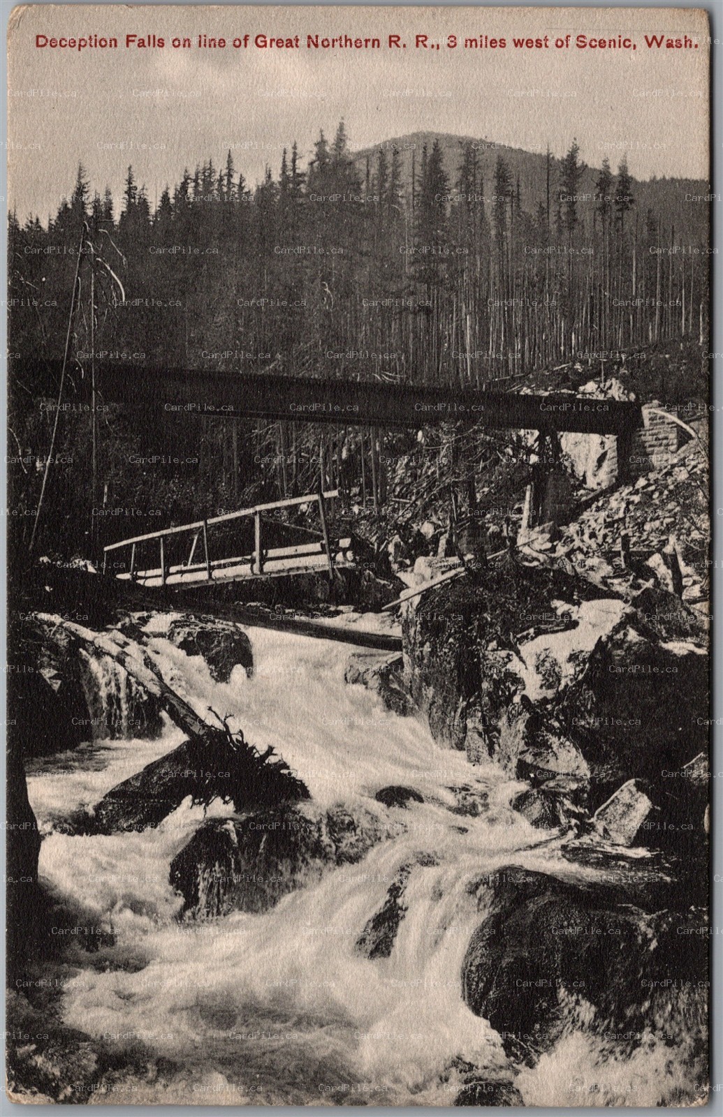 Postcard Scenic Washington Deception Falls Great Northern Railroad Bridge