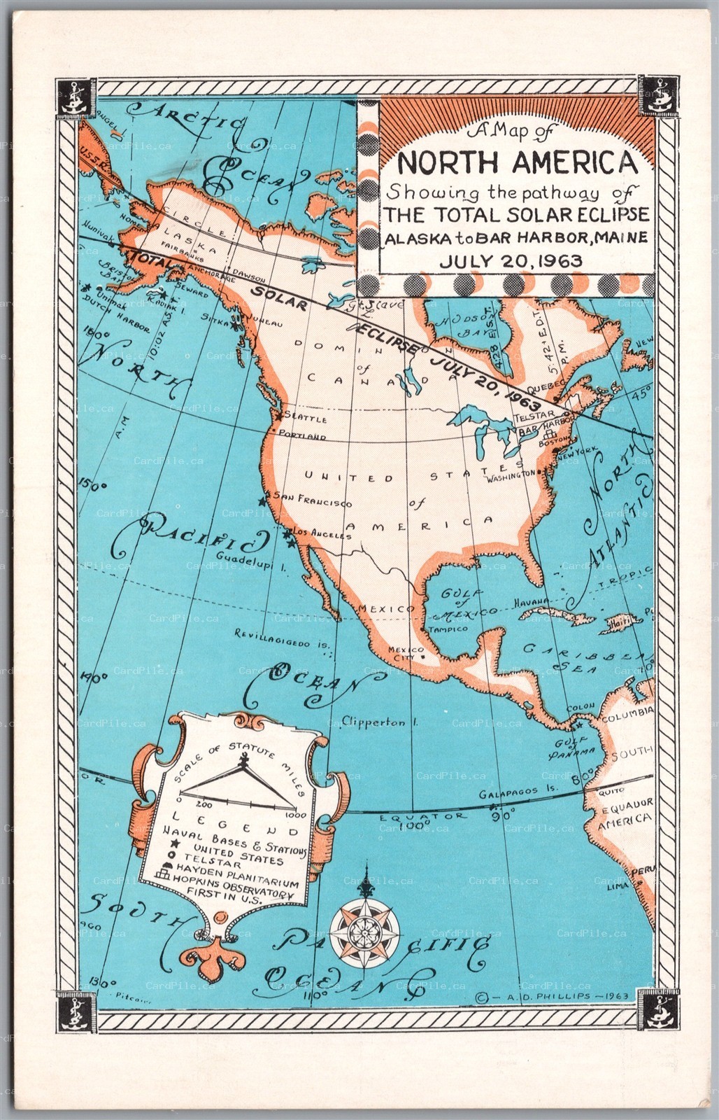 Postcard Alaska to Bar Harbor Maine 1963 Total Solar Eclipse Map North America