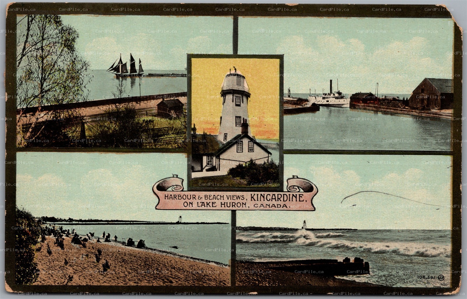 Postcard Kincardine Ontario Harbour Beach Views Lake Huron Railway Yard *as is*