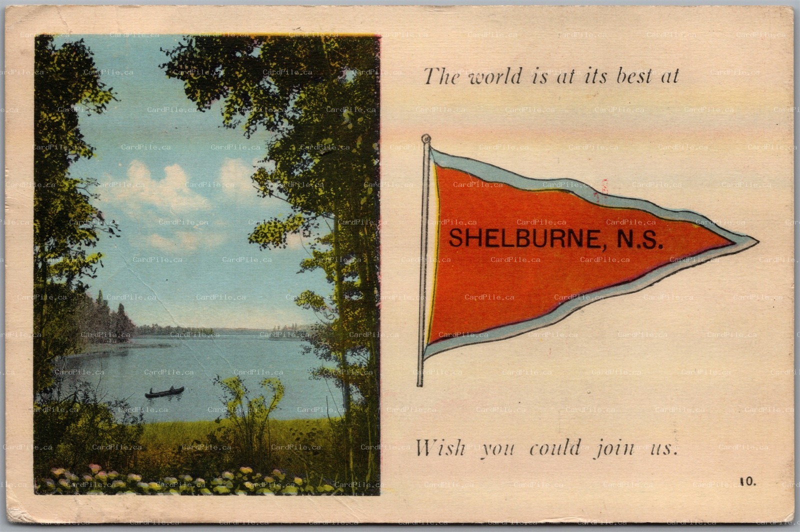 Postcard Shelburne Nova Scotia c1941 Pennant Flag Lake Canoe Greetings