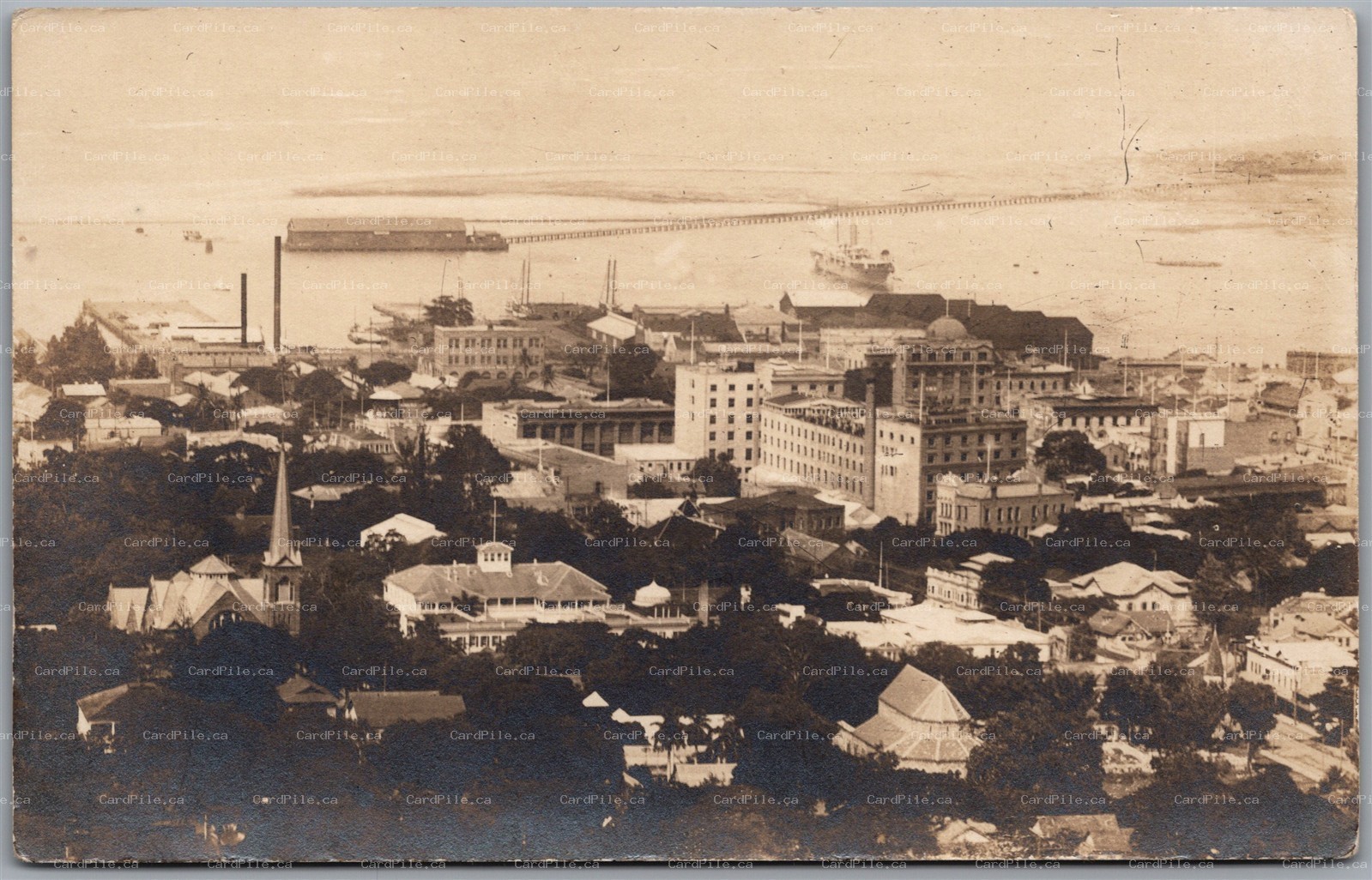 Postcard RPPC Honolulu Hawaii Birds Eye View from Punchbowl Crater Harbor