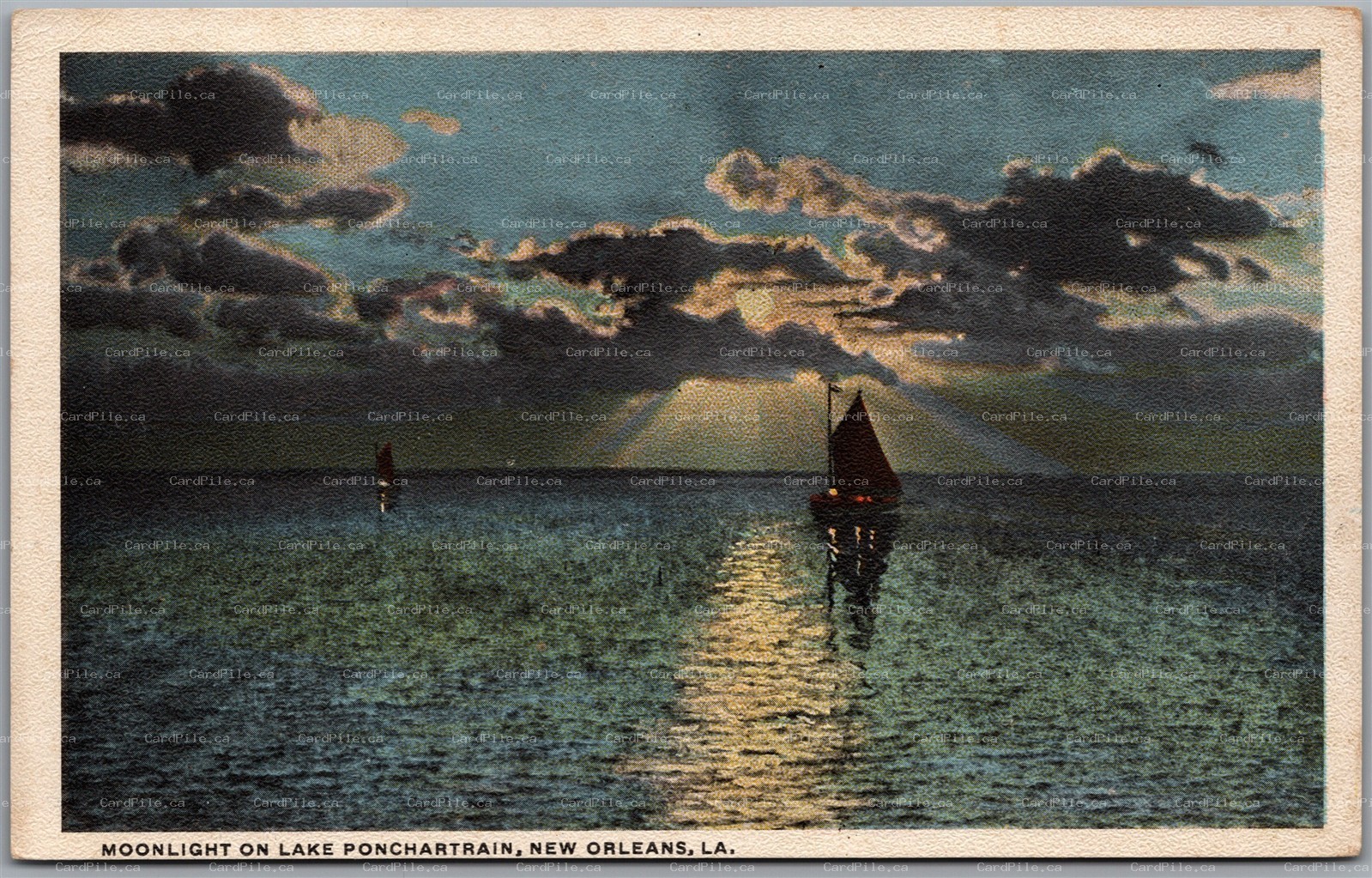 Postcard New Orleans Louisiana Moonlight on Lake Pontchartrain Sailboats