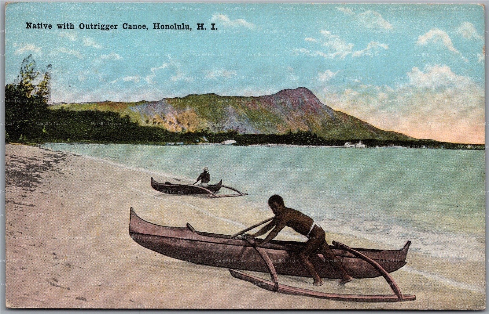 Postcard Honolulu Hawaii Native with Outrigger Canoe on Beach Island Curio Co.
