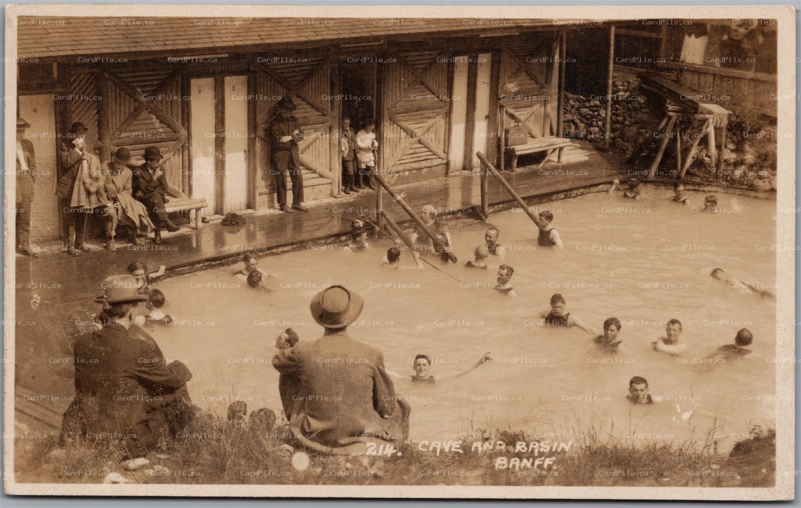 Postcard RPPC Banff Alberta 1929 Cave and Basin Hot Springs Bathers Byron Harmon