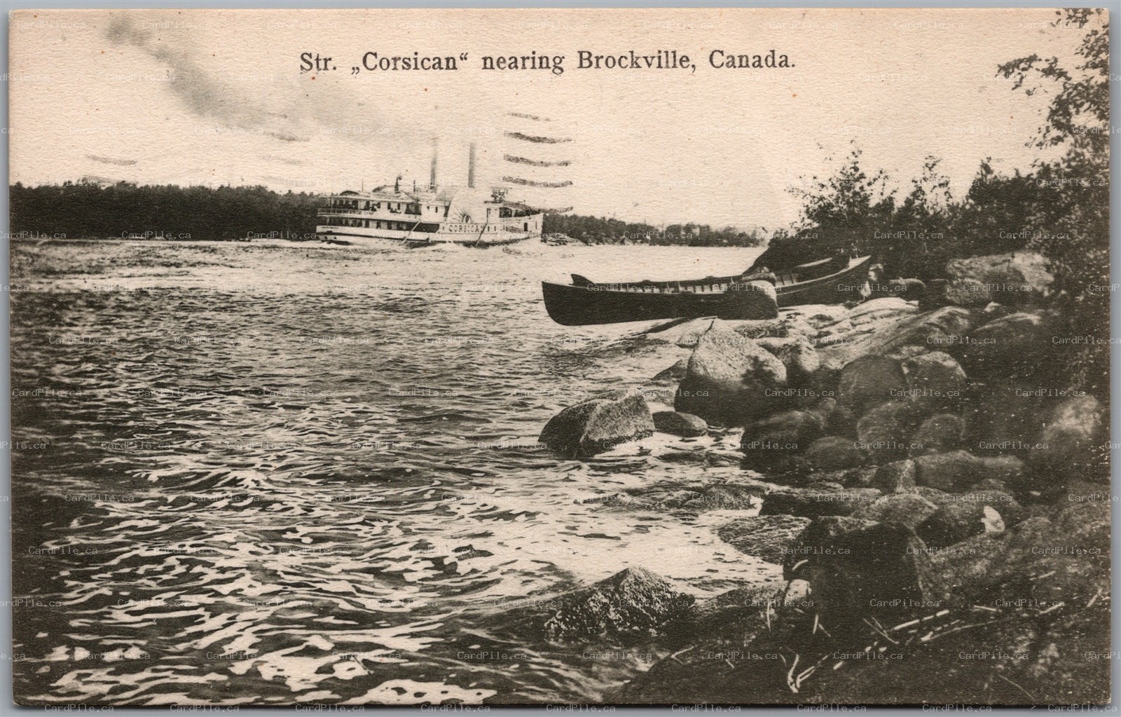 Postcard Brockville Ontario c1907 Steamer Corsican Canoes St. Lawrence River