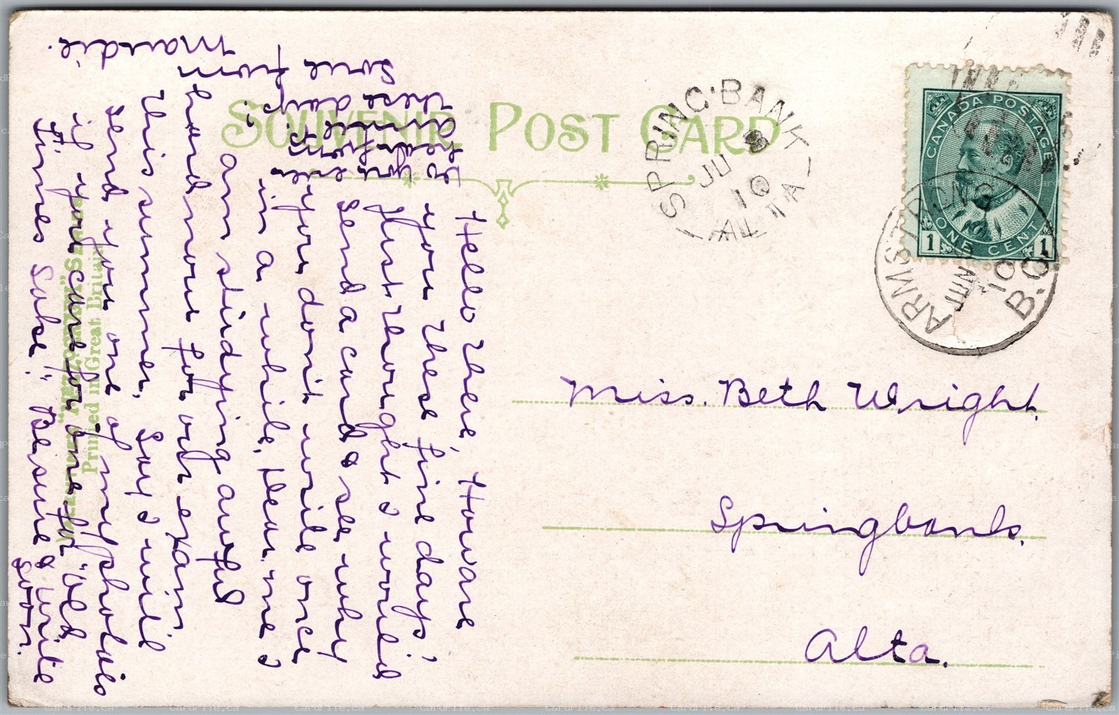 Postcard Split Ring Cancel c1910 Springbank Alberta on Bass Fishing Goderich ONT