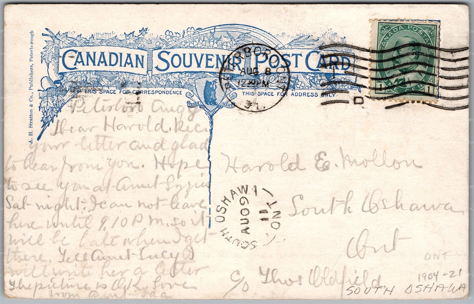 Postcard Split Ring Cancel c1911 South Oshawa Ontario on St Andrew's Church
