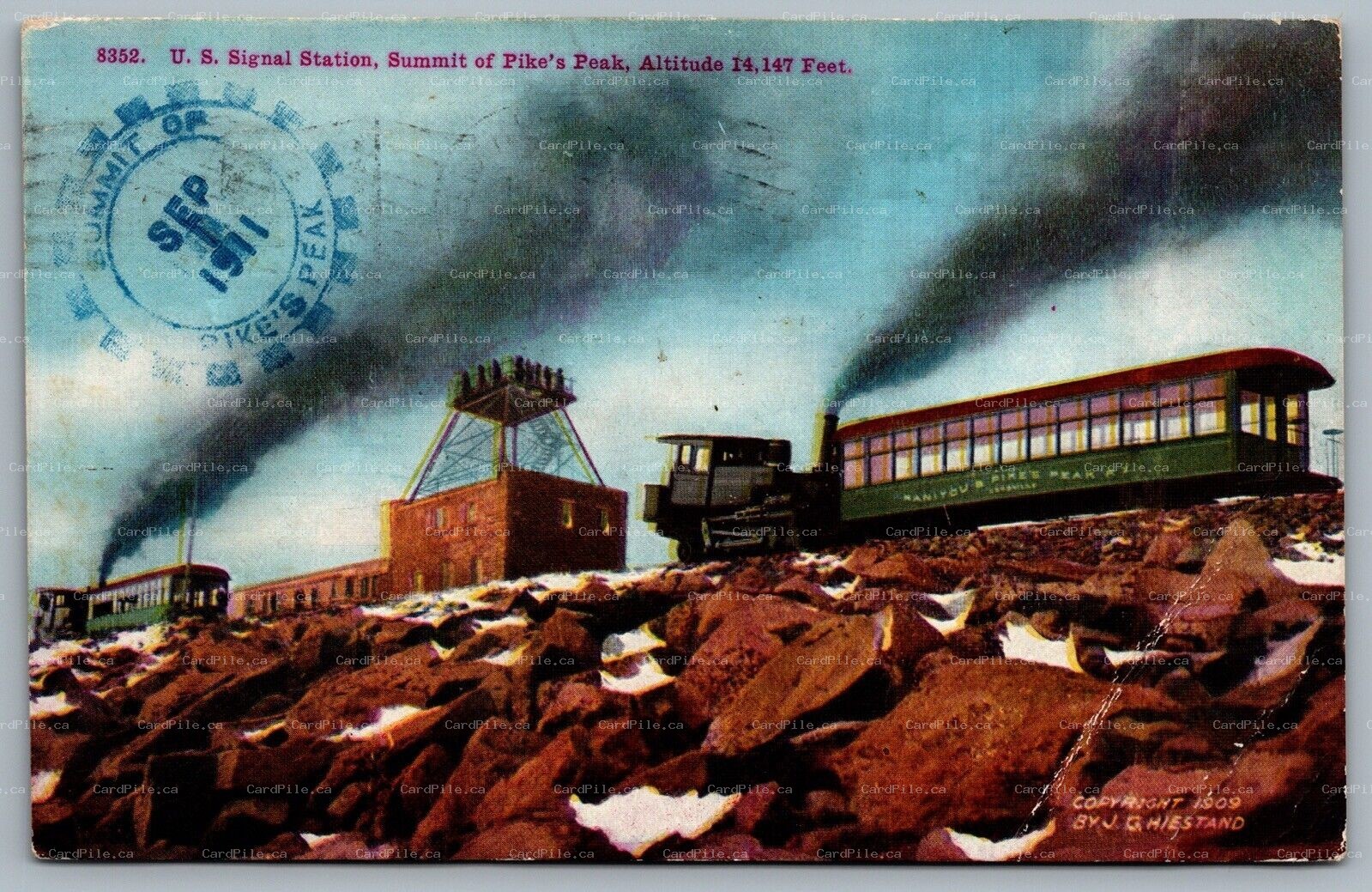 Postcard Pikes Peak CO c1911 U.S. Signal Station Cancels Manitou Incline Railway