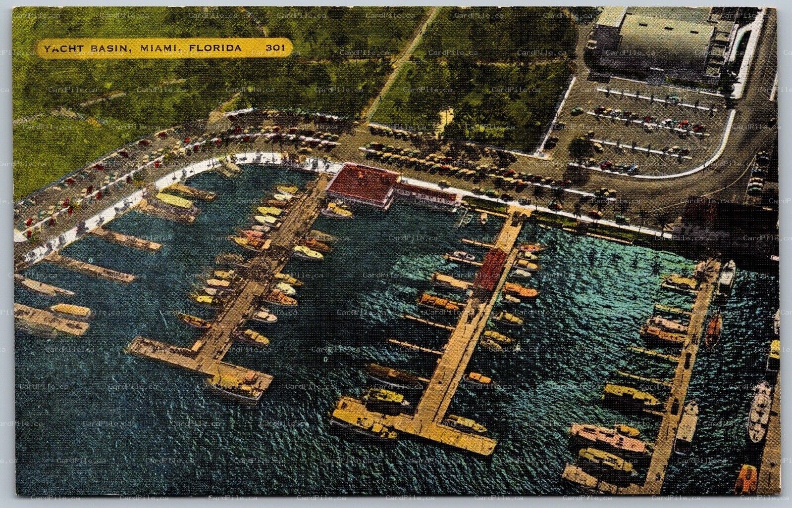 Postcard Miami Florida c1940s Yacht Basin Aerial View Linen