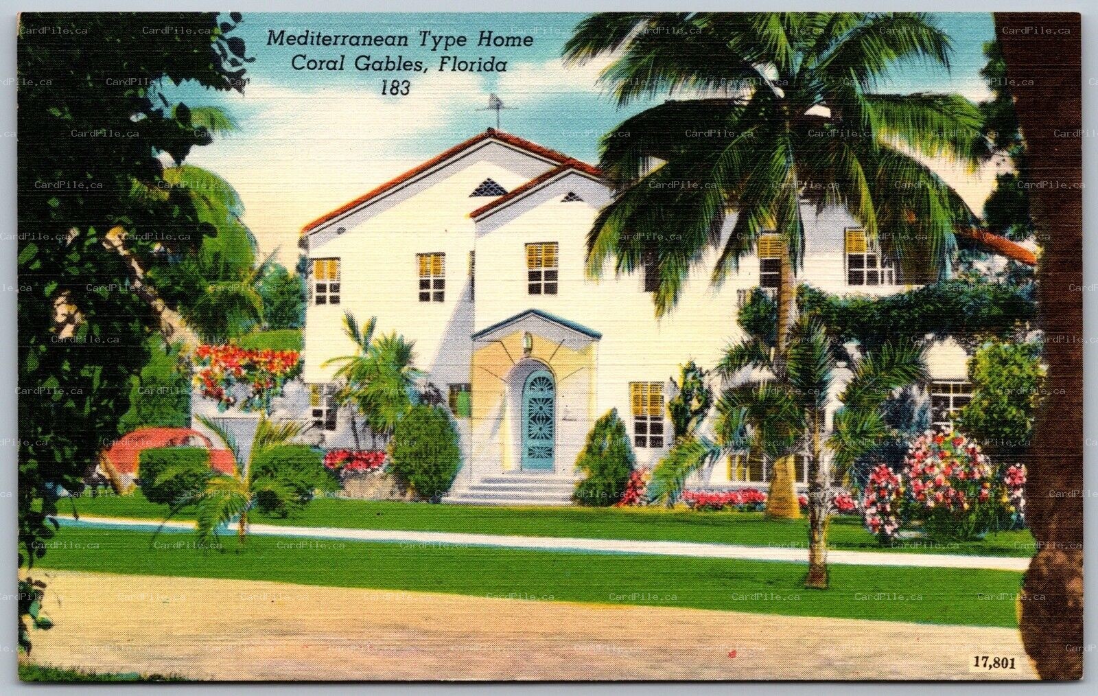 Postcard Coral Gables Florida c1940s Mediterranean Type Home Linen