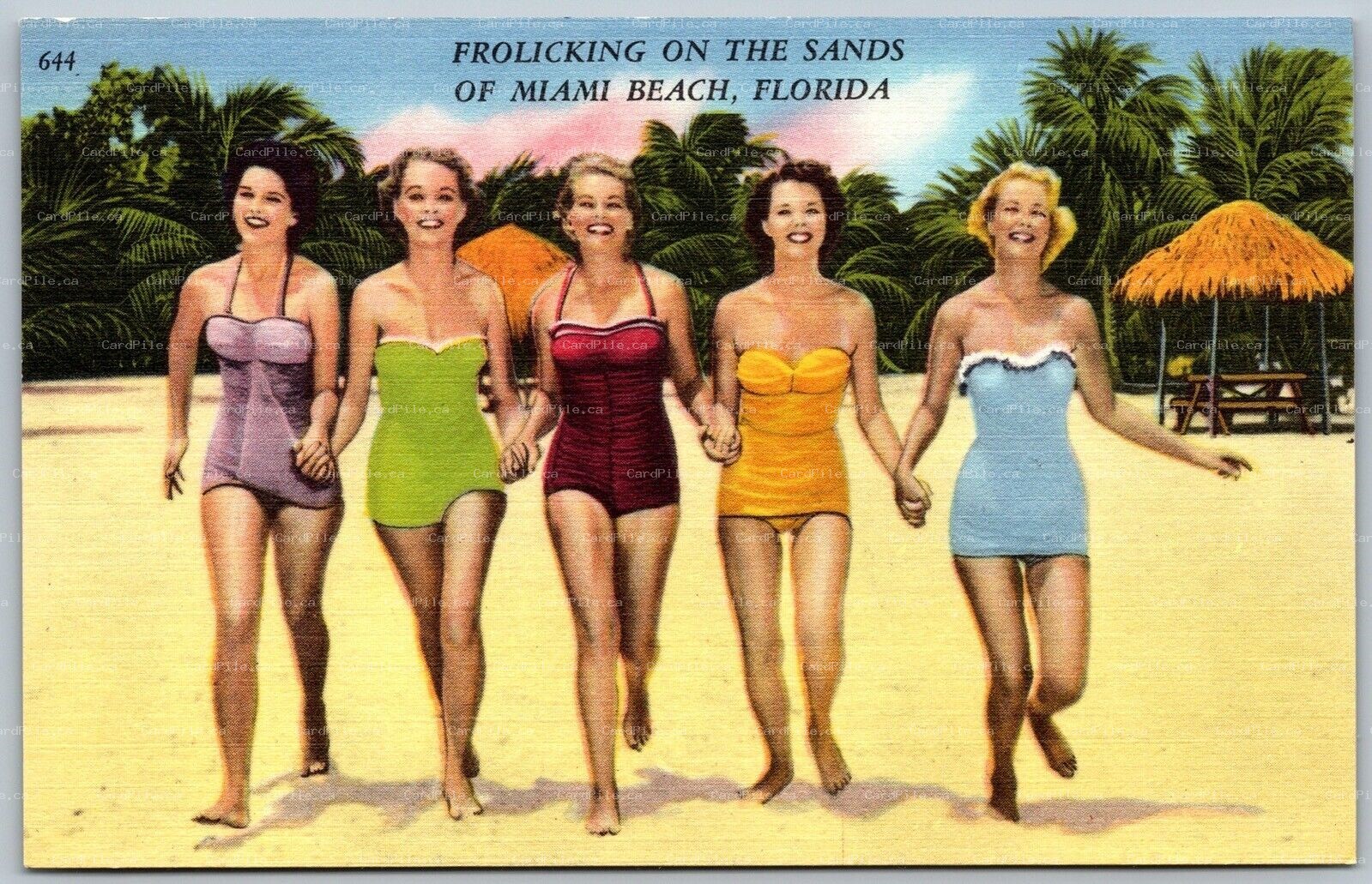 Postcard Miami Beach Florida c1940s Frolicking on the Sands Pretty Ladies Linen