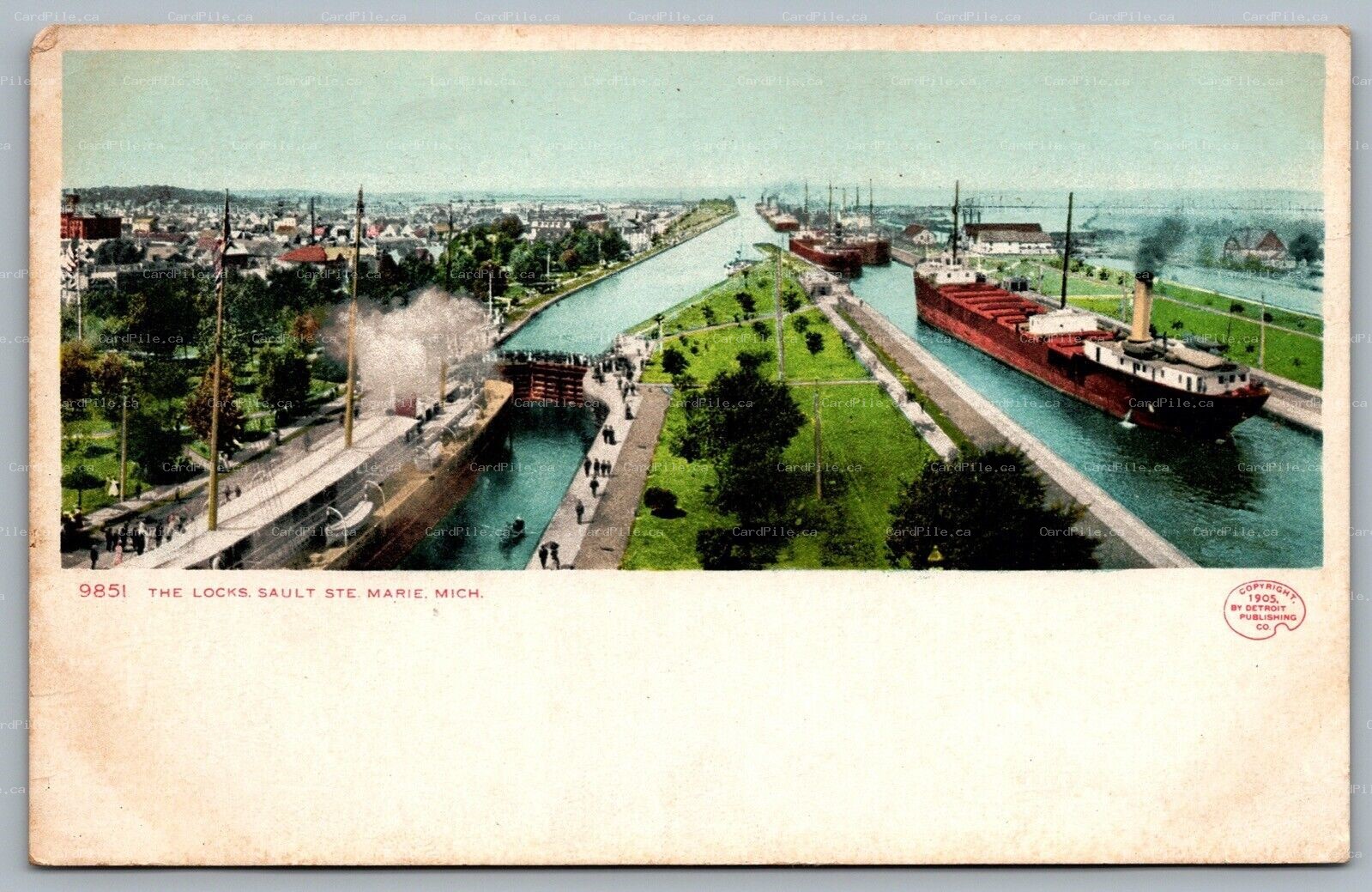 Postcard Sault Ste. Marie MI c1905 The Locks Birds Eye View Steamers Canal UDB