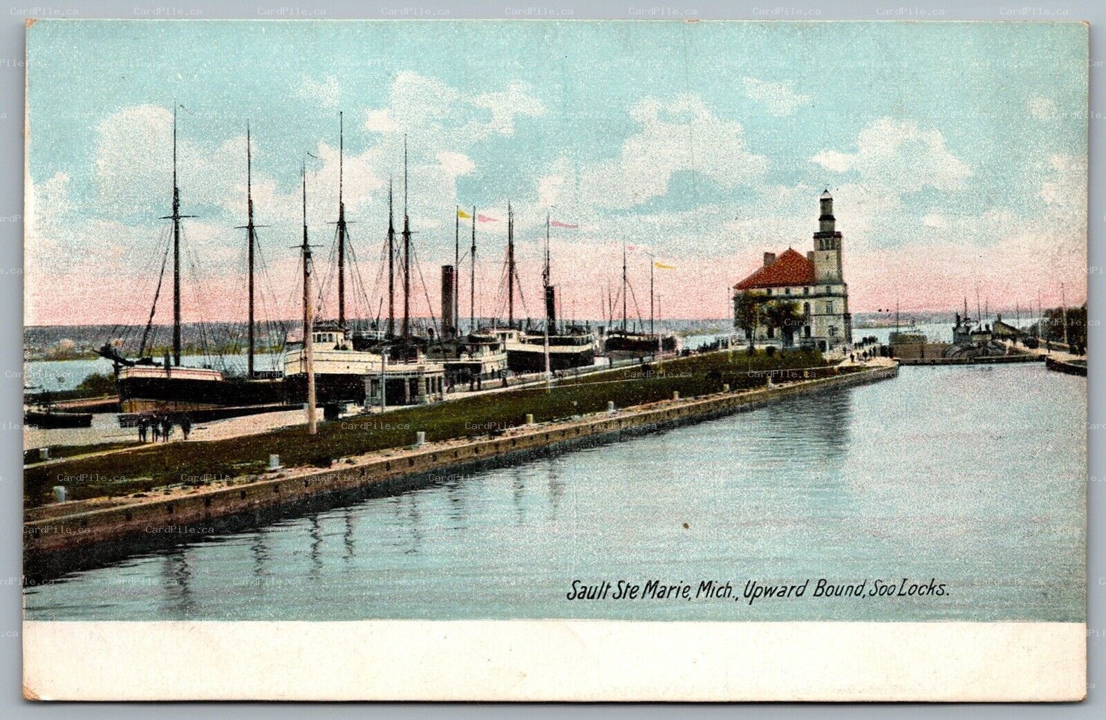 Postcard Sault Ste. Marie MI c1905 Upward Bound Soo Locks Boats Lighthouse