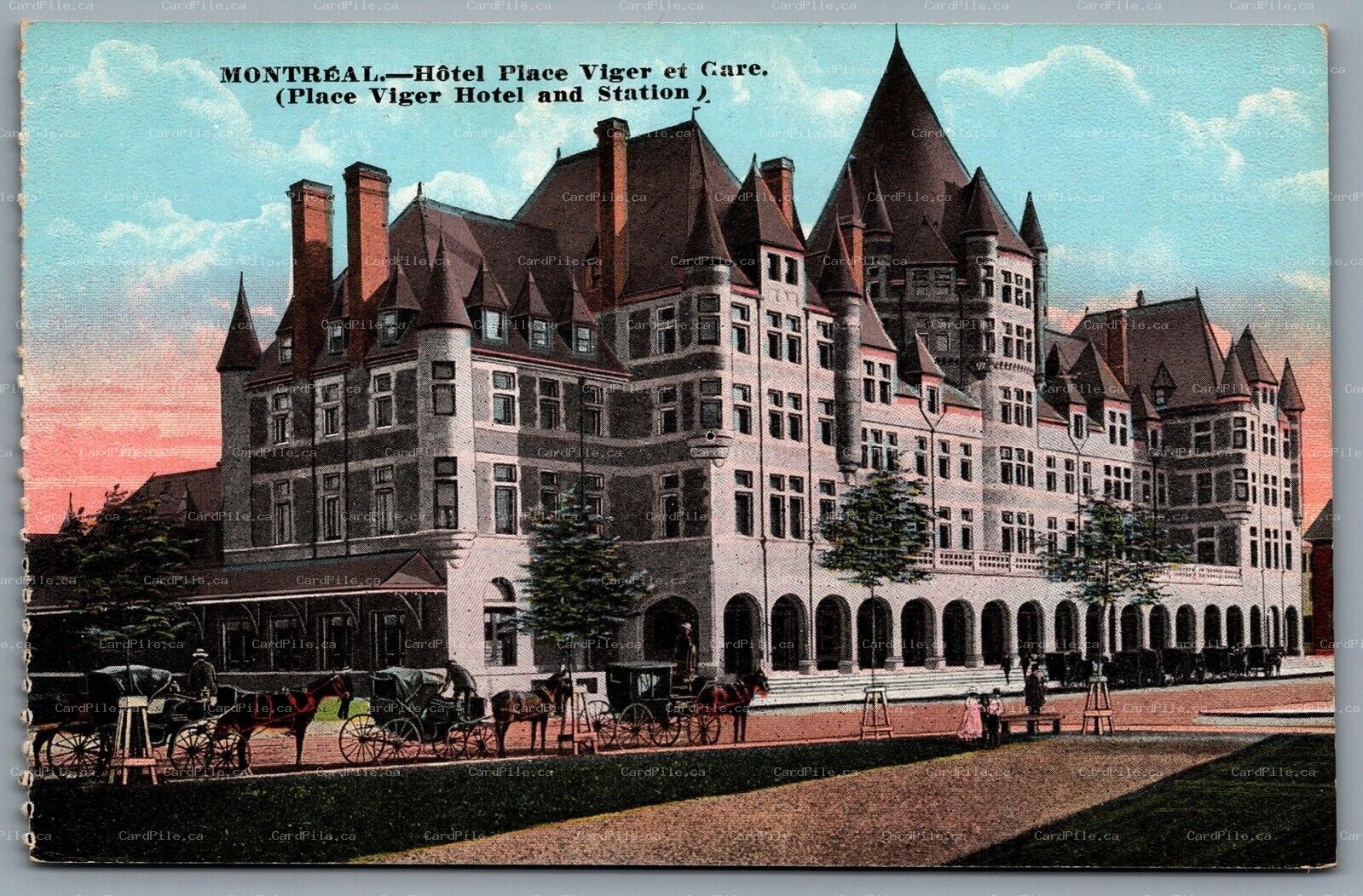 Postcard Montreal PQ c1920s Place Viger Hotel & Railway Station Horse Buggy A