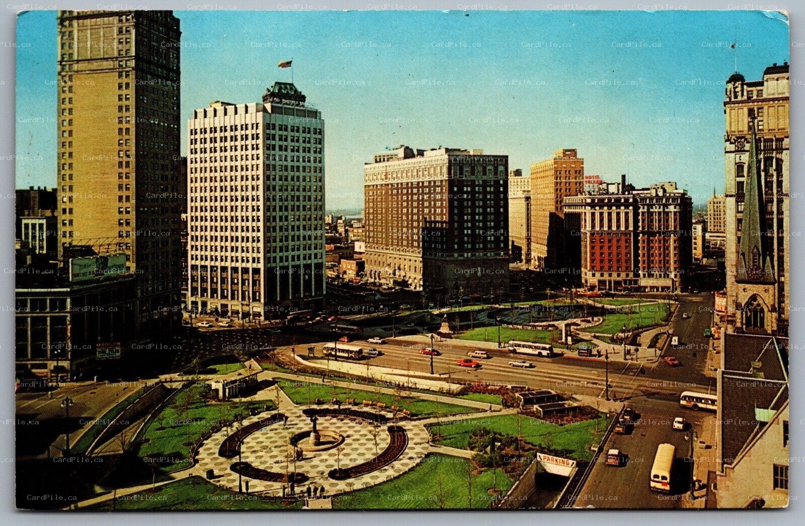 Postcard Detroit MI c1960s Grand Circus Park Old Cars Underground Parking Buses