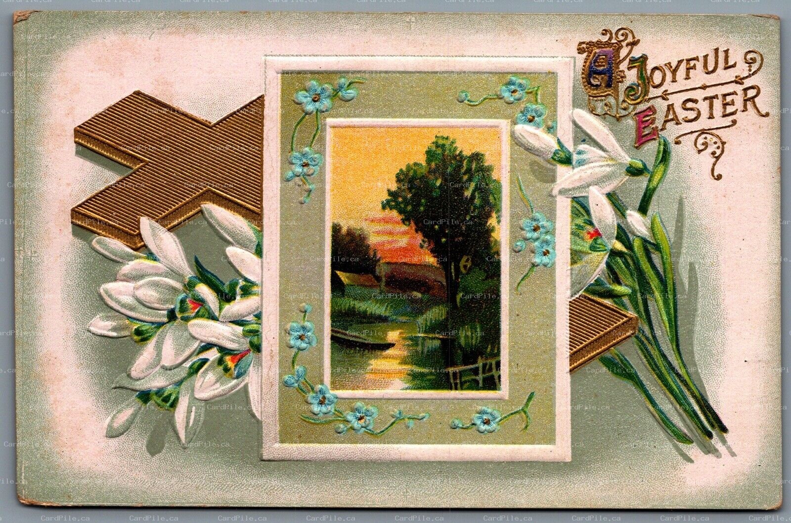 Postcard c1910s A Joyful Easter Embossed Cross with Flowers Scenic Farm Scene