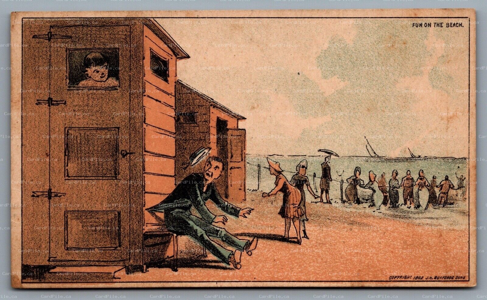 Trade Card 1882 Victorian Blank Advertisement J.H Buffords Sons Fun On The Beach