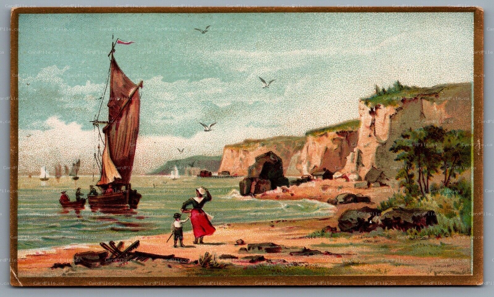 Trade Card c1880s Scenic View From Beach Sail Boat Cliffs 