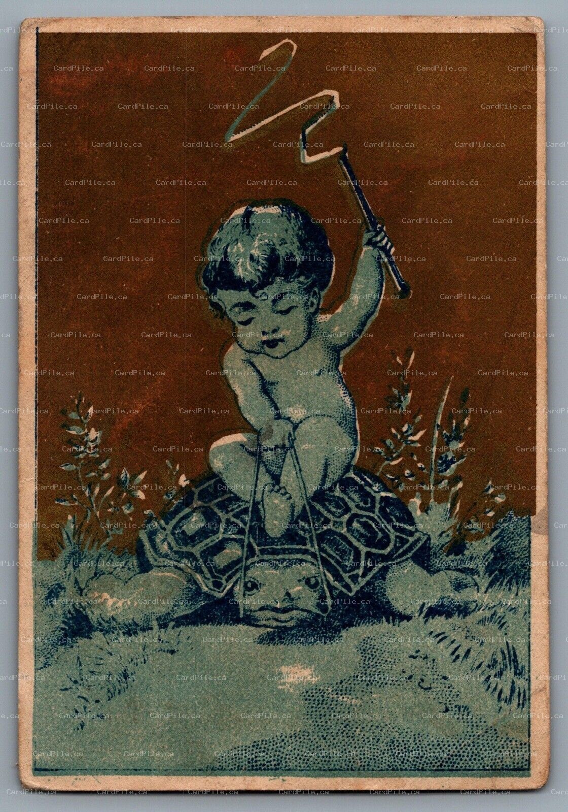 Trade Card c1880s Victorian Cherub Riding Tortoise With a Whip