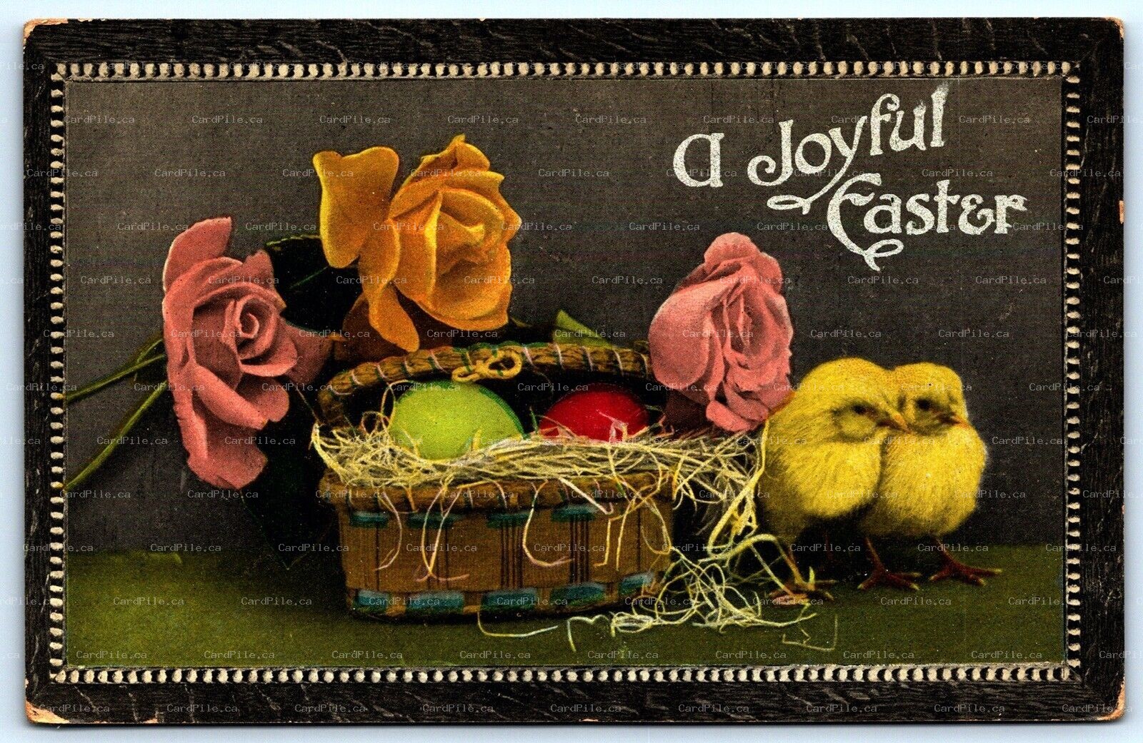 Postcard c1911 A Joyful Easter Two Chicks Floral Basket Roses Valentine & Sons