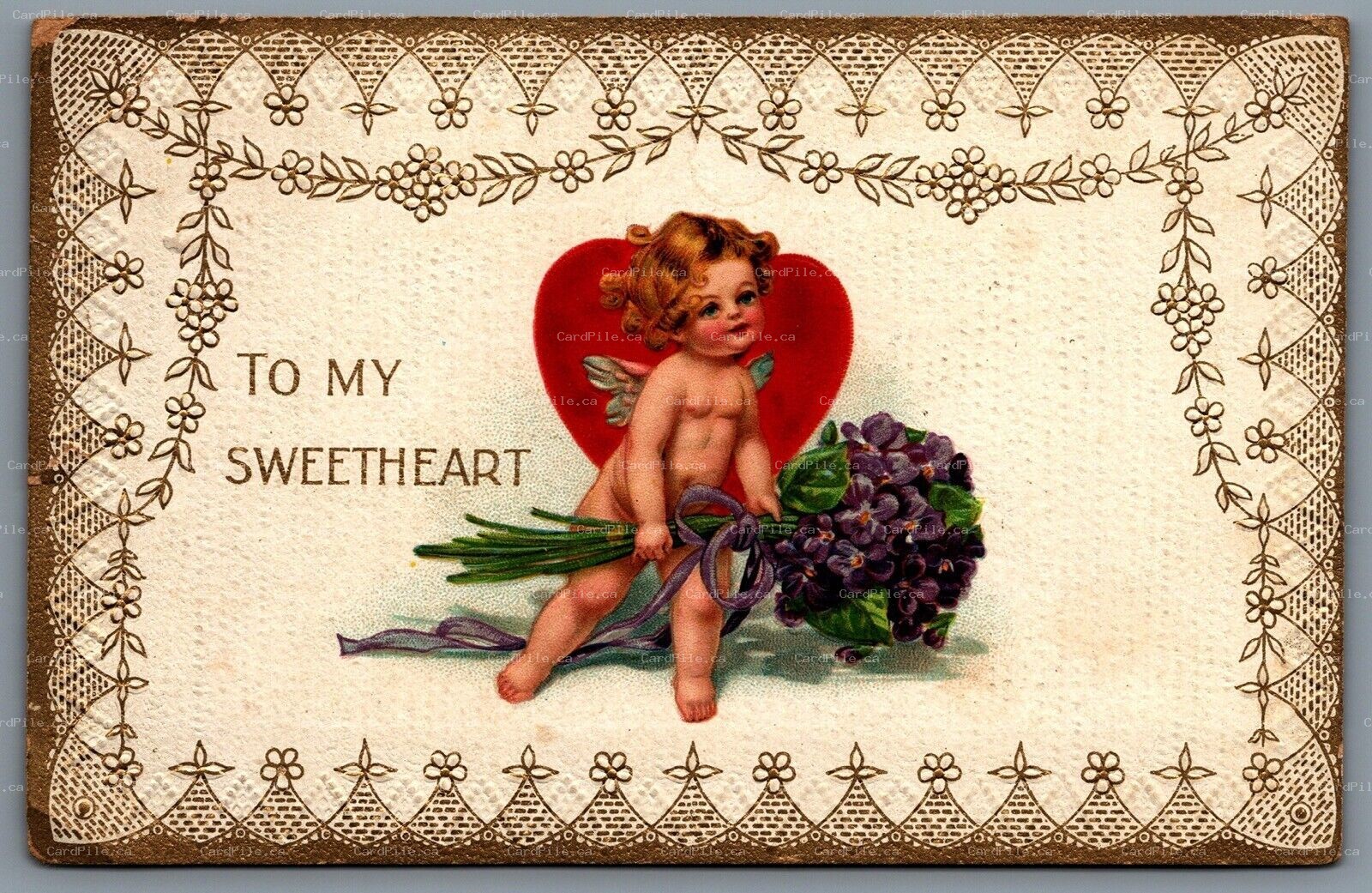 Postcard c1917 Valentines To My Sweetheart Embossed Angel with Flowers Romance