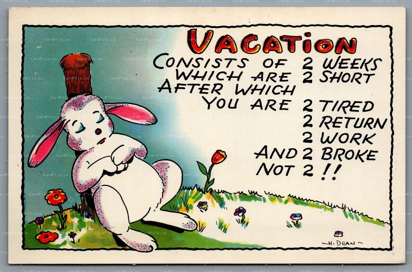 Postcard Comic c1950s Vacation 2 Weeks 2 Short 2 Tired 2 Return 2 Work… A/S