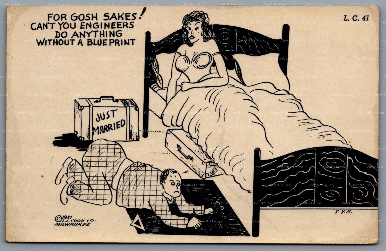 Postcard Comic c1951 Just Married For Gosh Sakes Can’t You Engineers Do Anything