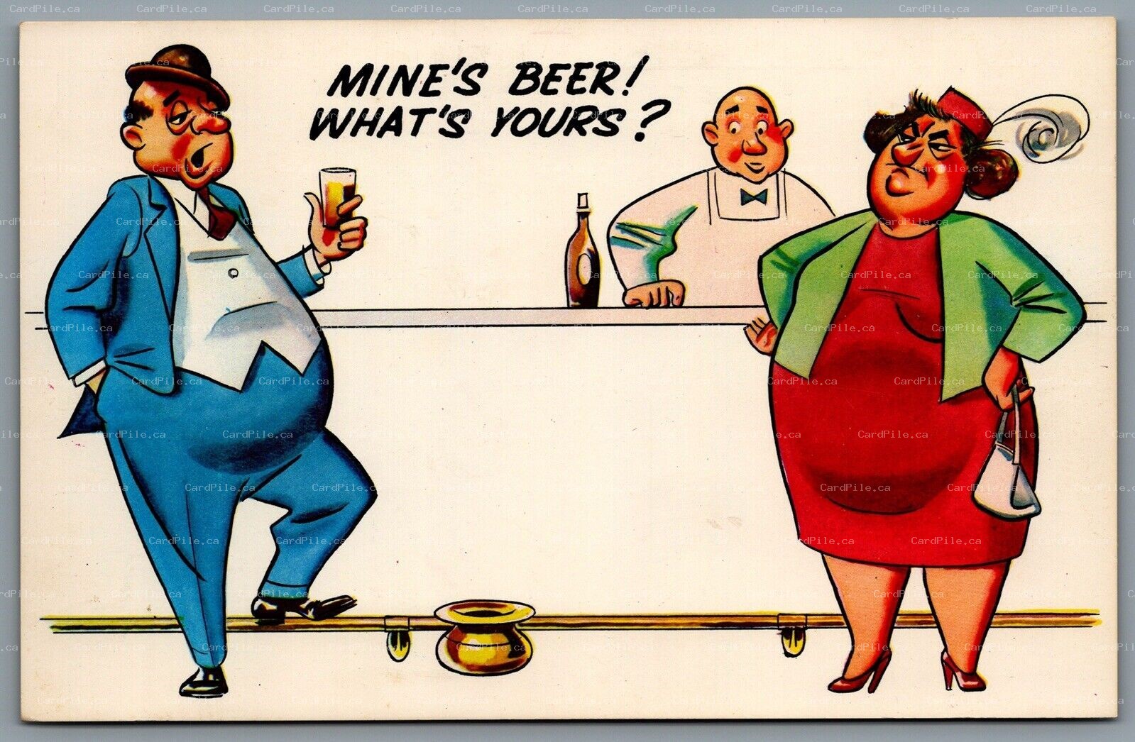 Postcard Insult c1950s Mine’s Beer! What’s Yours? At The Bar Big Women and Man