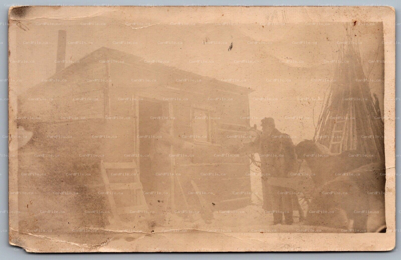 Postcard RPPC United States c1910-1918 Winter Two Men Cabin Horses Dog 