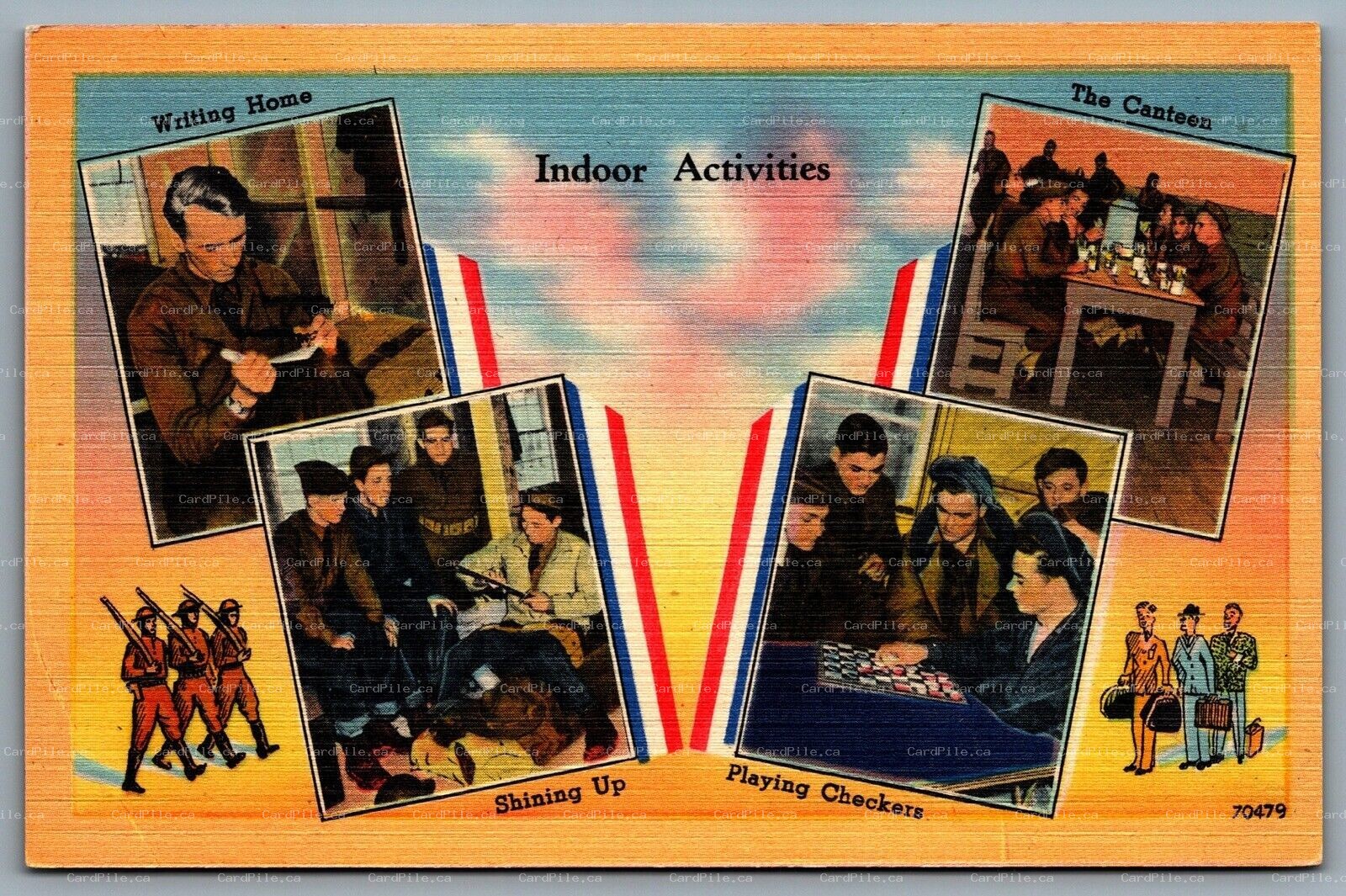 Postcard c1940s Military Indoor Activies Multi View Writing Canteen Checkers 