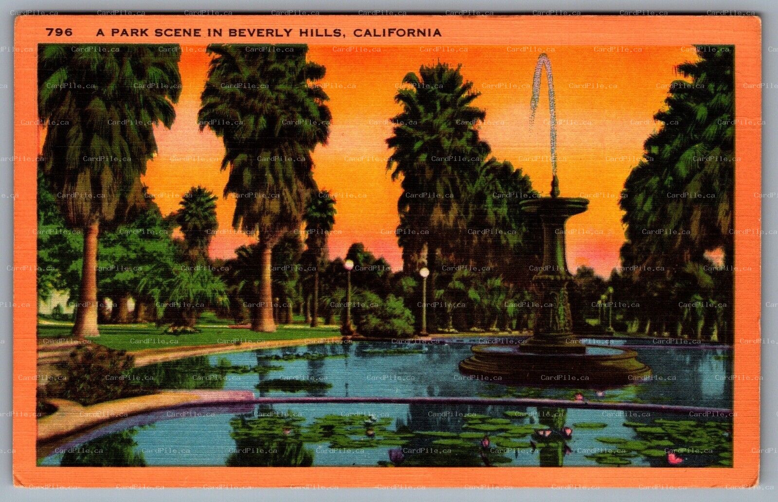 Postcard Beverly Hills CA c1940s A Park Scene Fountain Sunset Linen