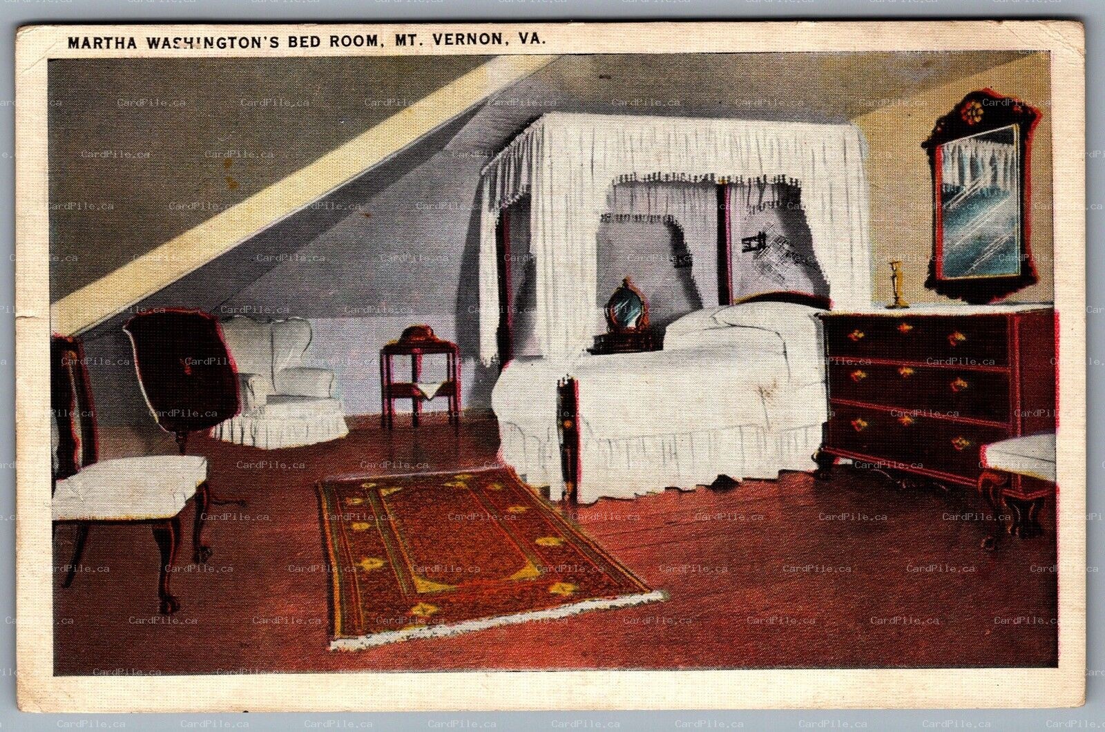 Postcard Mt Vernon VA c1935 Martha Washingtons Bed Room Attic Room