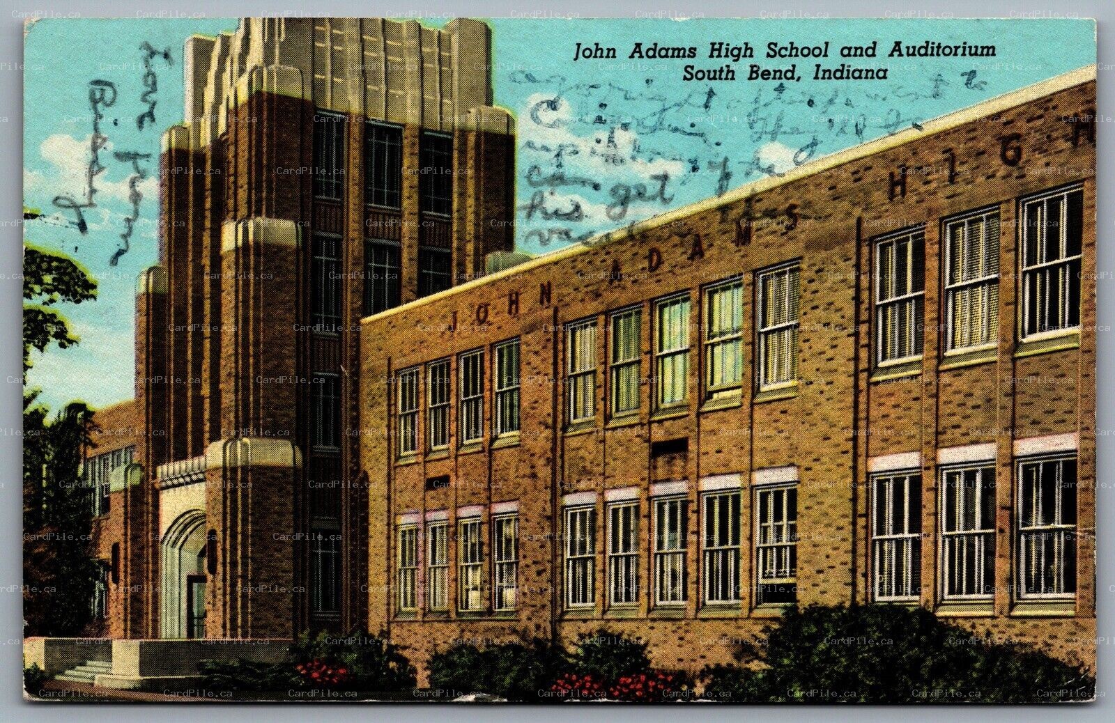 Postcard South Bend IN c1949 John Adams High School & Auditorium 