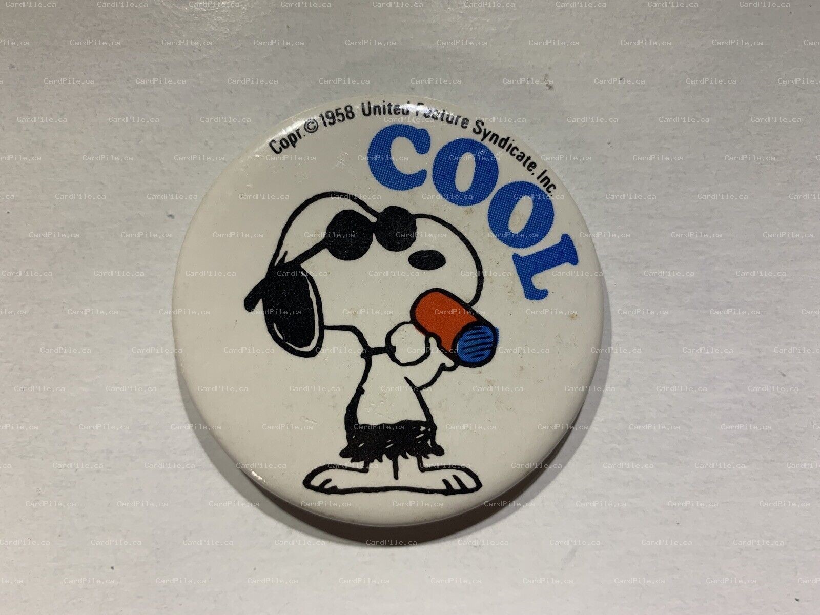 VINTAGE 1958 Peanuts Comic Snoopy Cool Beach Shorts Drinking Cup Pinback Button